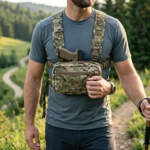 A compact tactical chest rig used for outdoor activities, part of the functional ccw bags for men category.