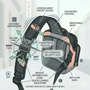 Illustration showing the ambidextrous strap configuration of the best concealed carry bag for both left and right-handed draws.