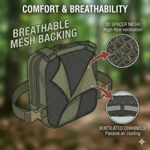 Illustration of the breathable padded mesh backing on a concealed carry chest pack for all-day comfort.