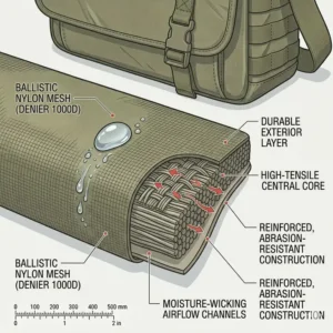 Illustration showing water-resistant ballistic nylon material used in a concealed carry messenger bag.