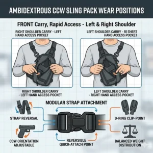 Illustration showing a concealed carry sling pack being worn on both the left and right shoulders to demonstrate ambidextrous functionality.