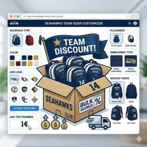 Graphic showing bulk savings and wholesale pricing for large orders of custom team backpacks.
