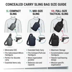 Size comparison chart illustrating different capacities of the best concealed carry sling bags from compact to full-size models.