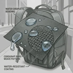 8. Water droplets beading off the durable fabric of a concealed weapon backpack.