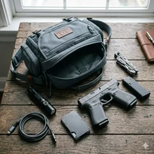 Flat lay showing various EDC essentials organized inside professional ccw bags for men.