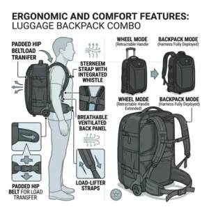 Illustration of the padded hip belt and ergonomic back support system on a luggage backpack combo.