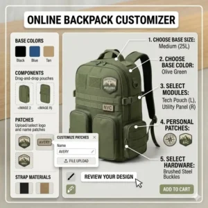 An interface illustration showing a user selecting strap colors and hardware on a digital customisable backpack design tool.