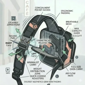 A scale illustration showing a sub-compact and a full-sized handgun fitting into different sections of a concealed carry bag.