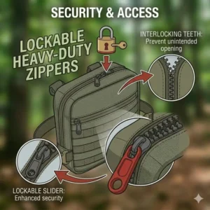 Technical drawing highlighting the lockable heavy-duty zippers on a concealed carry chest bag.