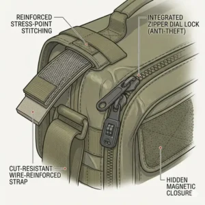 Diagram of lockable zippers and slash-resistant features on a concealed carry messenger bag.