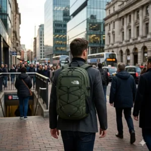 A person walking through a city street with a stylish green the north face backpack.