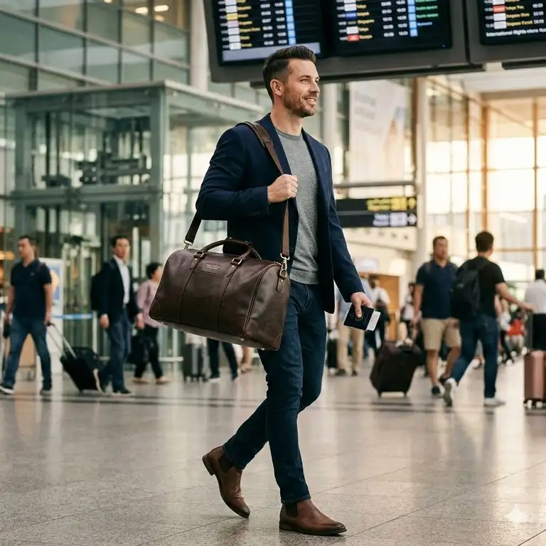 A stylish man in an airport carrying premium leather travel carry on bags for men.