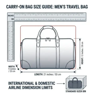 Technical diagram showing dimensions and airline limits for travel carry on bags for men.
