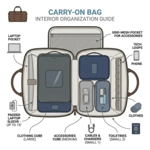 Top-down view of internal compartments and packing cubes in travel carry on bags for men.