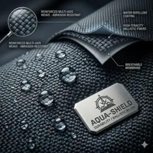 Close-up of water-resistant ballistic nylon material used in travel carry on bags for men.