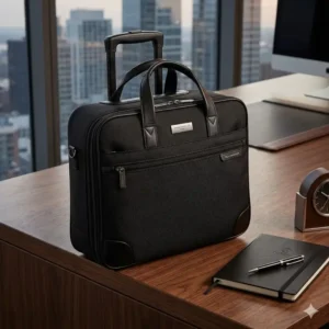 Professional business-style black travel carry on bags for men placed on an office desk.