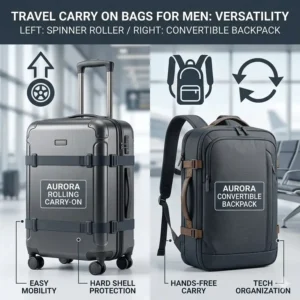 Comparison between a spinner roller and a convertible backpack in travel carry on bags for men.