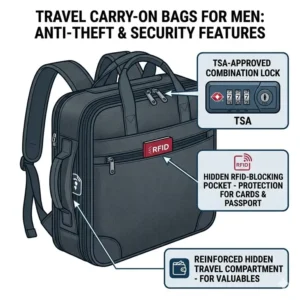 Illustration of TSA locks and RFID-blocking security features on travel carry on bags for men.