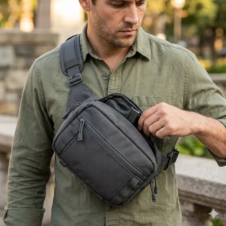 Alt Text 1: A professional studio shot of the best ccw crossbody bag men in charcoal grey for urban daily carry.