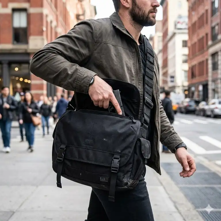 A man walking in the city wearing the best ccw messenger bag for daily carry.