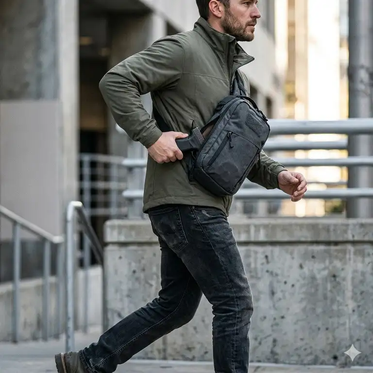 A person wearing the best ccw sling bag in an urban environment, showing the quick-access compartment for a concealed carry firearm.
