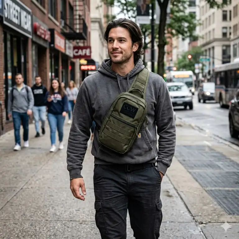 A man wearing a tactical ccw sling pack over a grey hoodie while walking in an urban environment.