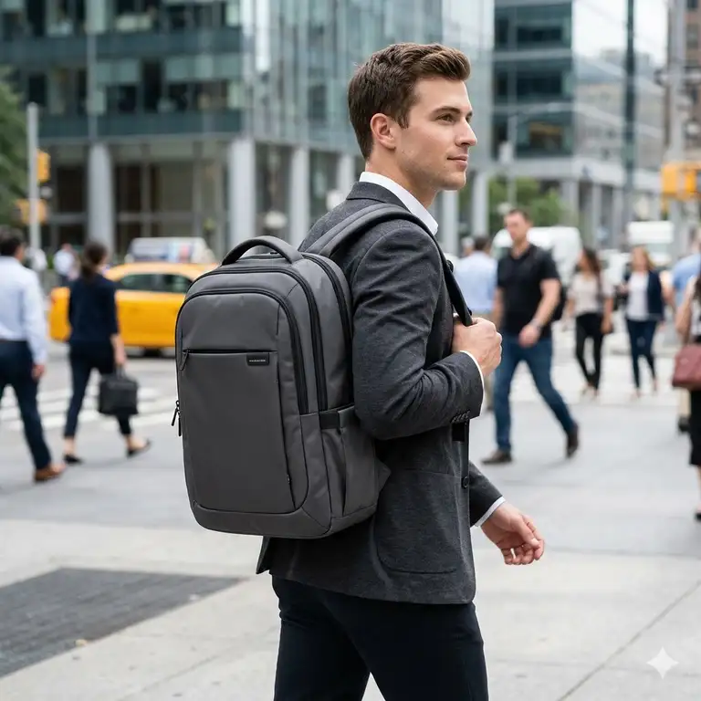 A professional 16 in laptop backpack in charcoal grey being worn by a commuter in an urban setting.