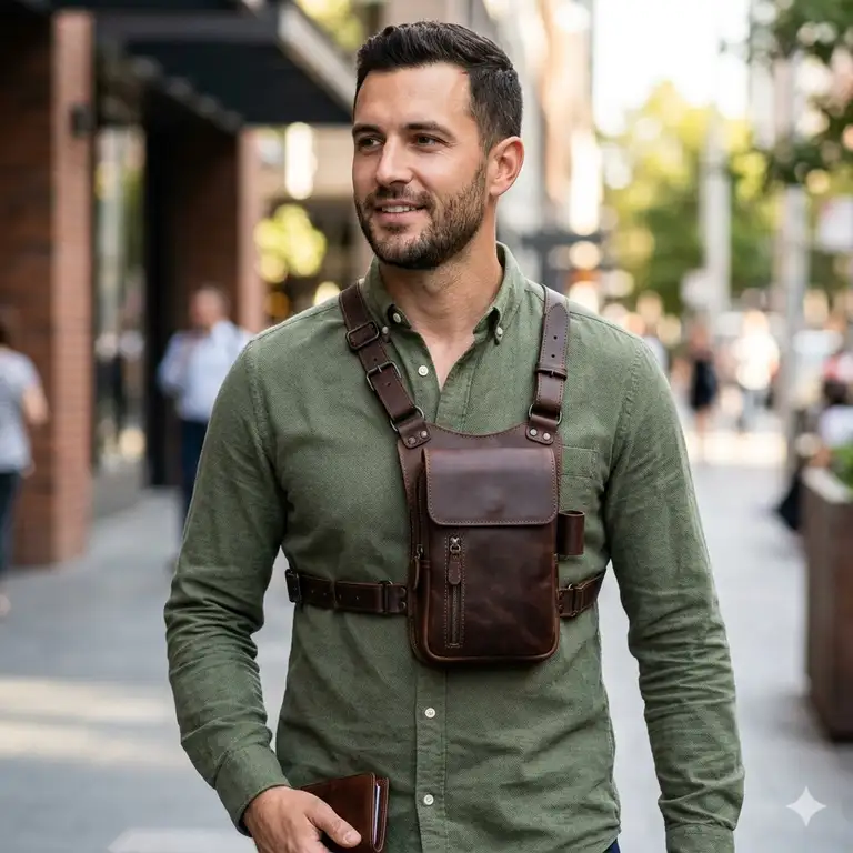 A man wearing a premium brown leather holster man bag with a secure chest harness.