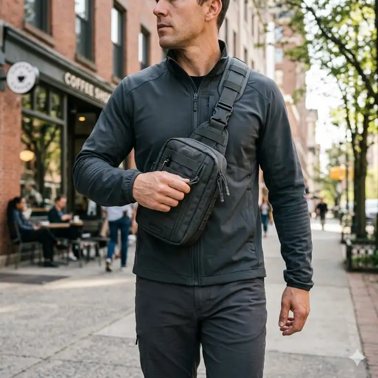 A man wearing a black small concealed carry sling bag in a busy urban setting.best ccw bag