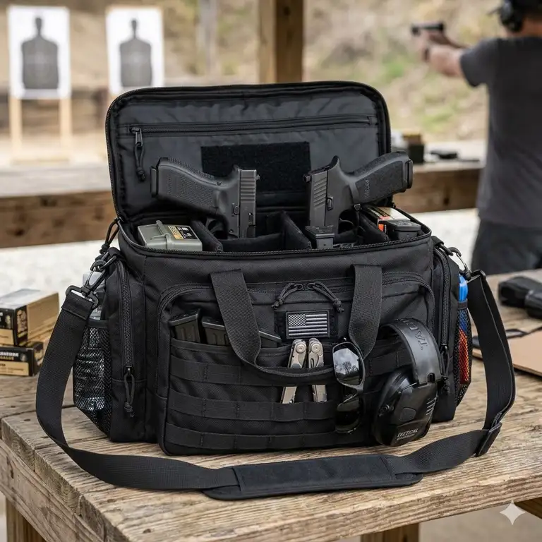 A durable black tactical range gun bags for men with multiple compartments and reinforced handles.