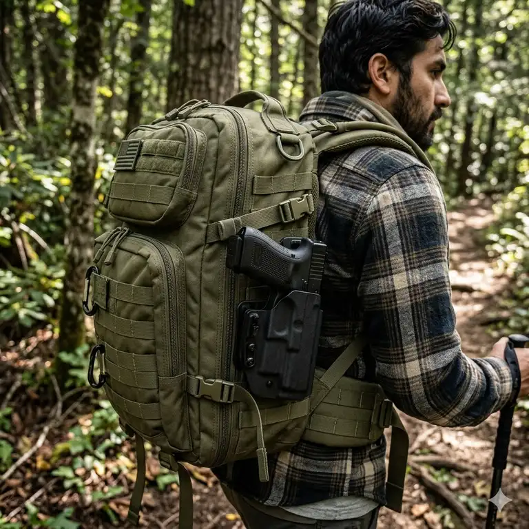 A hiker wearing a premium tactical backpack with gun holster in a dense forest.