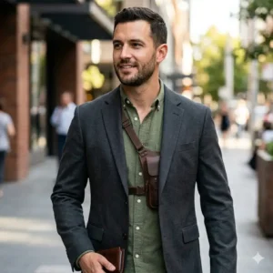 A slim profile holster man bag worn under a jacket for concealed anti-theft protection.