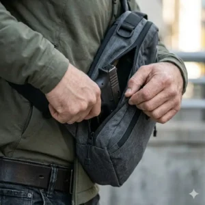 Close-up of a hand reaching into the dedicated rear CCW pocket of the best ccw sling bag for rapid deployment.