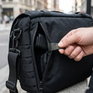 Close-up of a hand reaching into the quick-access compartment of a ccw messenger bag.