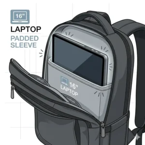 Interior view of a 16 in laptop backpack showing a padded sleeve protecting a large laptop.
