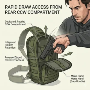 Illustration showing a hand accessing the dedicated rear compartment of a ccw sling pack for a rapid draw.