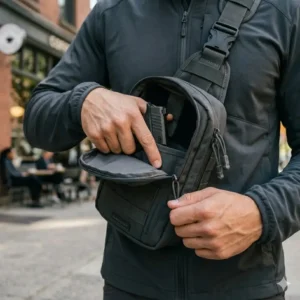 Detailed view of the quick-access compartment on a small concealed carry sling bag.