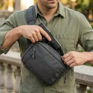 Alt Text 2: Detailed view of the rapid-access firearm compartment on a high-quality ccw crossbody bag men.