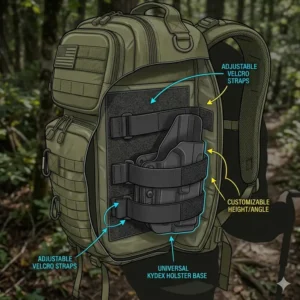Detailed internal diagram of the storage system in a tactical backpack with gun holster.