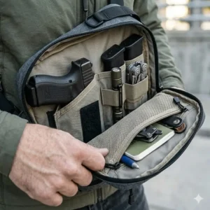 The interior layout of the best ccw sling bag showing pockets for magazines, a flashlight, a multi-tool, and personal items.