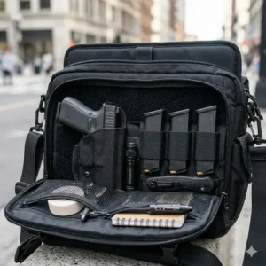 Internal view showing organized tactical gear inside a professional ccw messenger bag.