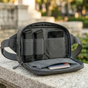 Alt Text 3: Internal organization layout of a ccw crossbody bag men showing dedicated slots for magazines and electronics.