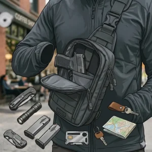 Interior organization showing EDC items inside a small concealed carry sling bag.