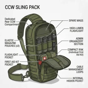 A top-down diagram of a ccw sling pack showing internal pockets for magazines and gear.