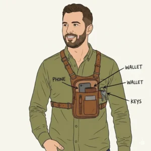 Internal compartments of a holster man bag showing space for a phone, wallet, and keys.