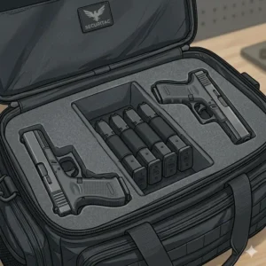Interior view of multi-pistol storage gun bags for men featuring protective dividers and magazine slots.