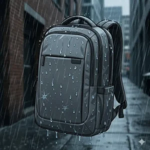 Illustration of water droplets beads on the surface of a water-resistant 16 in laptop backpack.