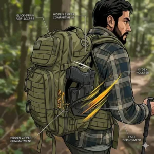 Close-up showing the quick-draw side zipper of a tactical backpack with gun holster.