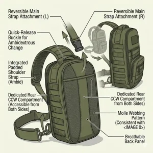 Technical illustration of a ccw sling pack with a reversible shoulder strap for ambidextrous carry.