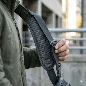 Detailed view of the adjustable, padded shoulder strap on the best ccw sling bag designed for comfortable all-day carry.